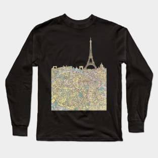 Paris skyline with Eiffel Tower cut from 1930 Paris Map Long Sleeve T-Shirt